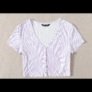 Light Purple and White Buttoned Front Zebra Striped Tee